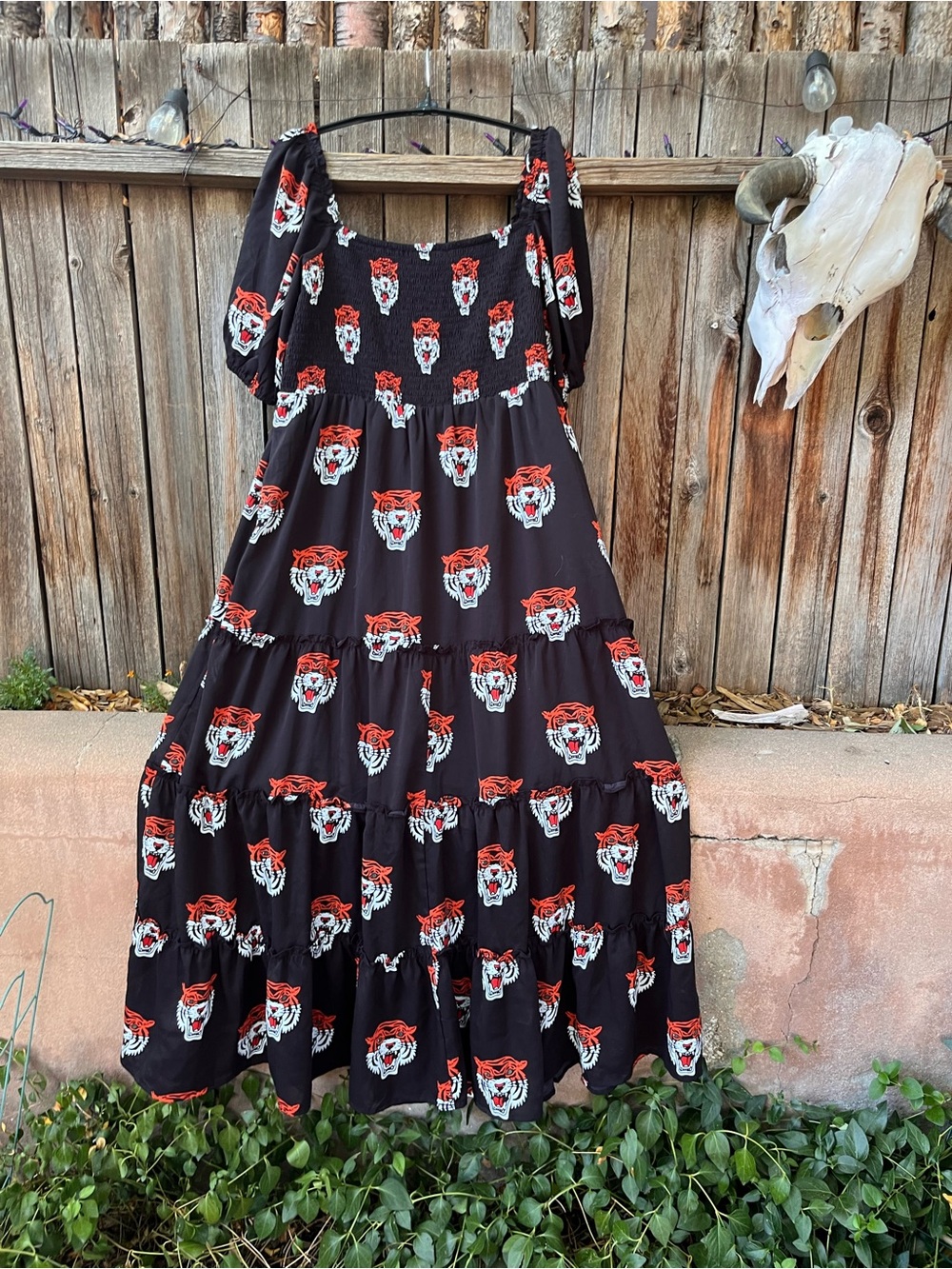Black Tiered Maxi Dress with Tiger Print